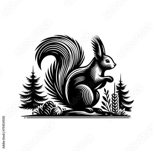 Beautiful engraved monochrome squirrel isolated vector illustration