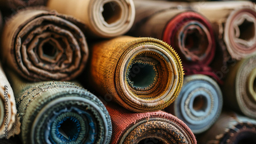 Fabric rolls of beige and brown material background. Old carton reels with colorful flax linen and canvas textile on a retail market stall, close up, high angle view