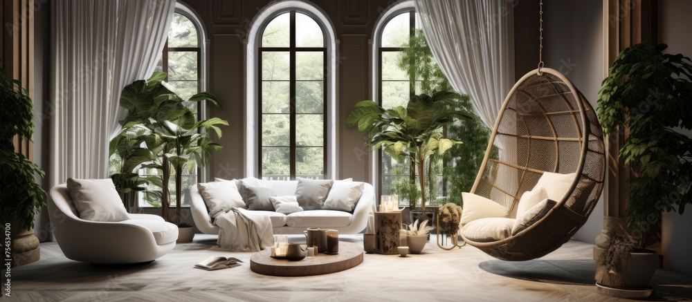 This living room is furnished with armchairs, a sofa, and a hanging basket chair. The room is filled with natural light coming through multiple windows, creating a bright and airy atmosphere. This living room is furnished with armchairs, a sofa, and a hanging basket chair. The room is filled with natural light coming through multiple windows, creating a bright and airy atmosphere.