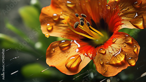 Close-up of a wet orange hibiscus flower with water drops on its petals.