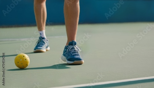 Pickleball game. Focus on the sword and legs of the players. The concept of an active lifestyle, sports game.