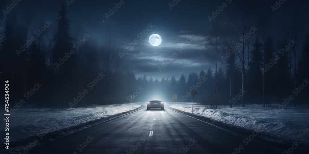 Car driving on a snowy road at night with a full moon in the background