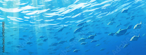 Underwater scene with a school of fish in blue water, digital art