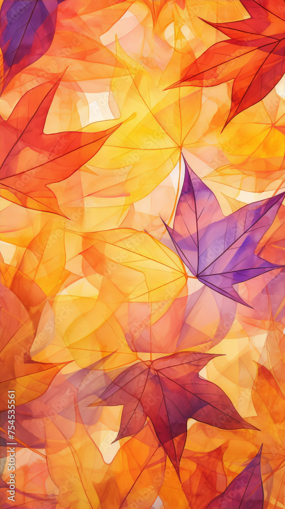 Colorful watercolor painted autumn leaves in orange, red, yellow and purple colors.