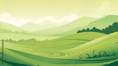 Green rolling hills landscape in a minimalist flat style with a gradient background