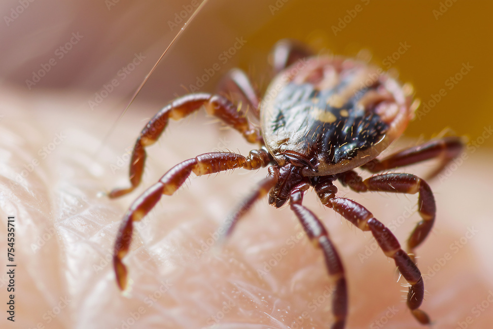 Close up of tick insect crawling on human skin Close up of tick insect crawling on human skin