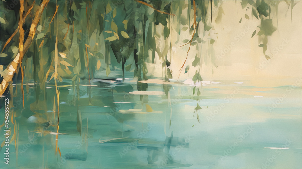 Green leaves of a weeping willow tree hang over a calm lake, painted in ...