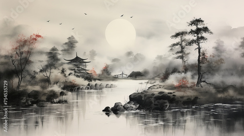 Japanese landscape watercolor black and white. Lake in the mountains and sakura trees.