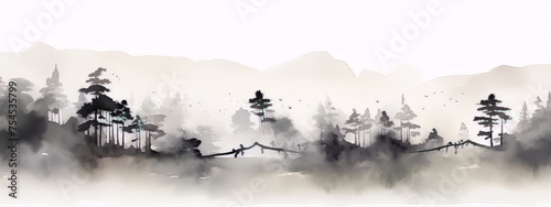 Black and white misty forest landscape, with mountains in the background, in a traditional Chinese ink painting style.