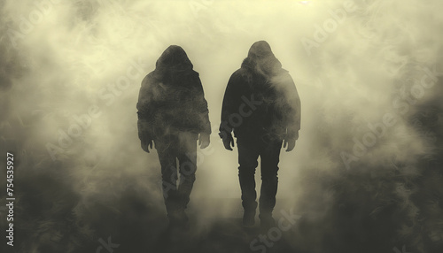 Two people walking to the smoke background.