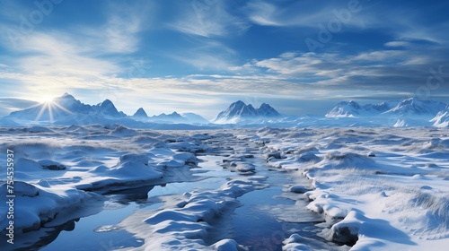 Landscape blue ice shards and snow covered shoreline Lake arctic antarctica sun sunset dawn light illuminates snow covers lot of pond ocean river cold lack life unsuitable living conditions permafrost