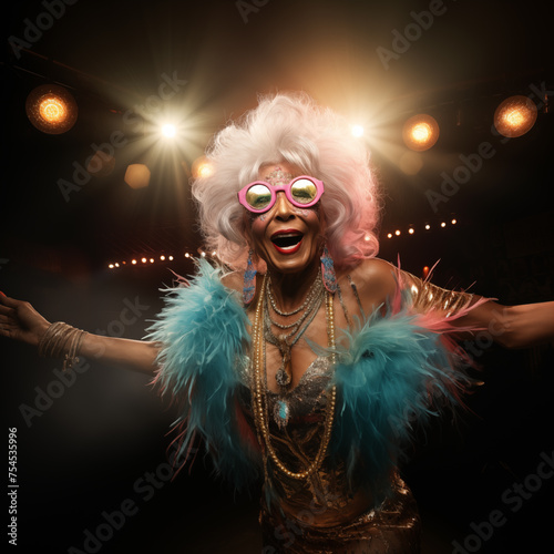 amazing grandma older lady partying in a disco setting disco travesty party club get-together dancing to music fashionable clothes suit having fun living fullest event getting emotions enjoying life