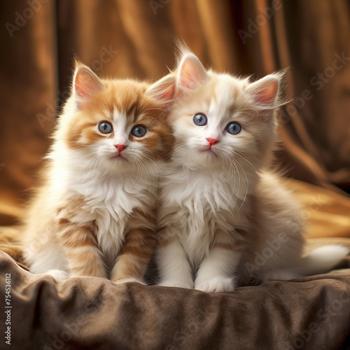 Little cute kittens sitting on the bed on a blanket. © Natalia