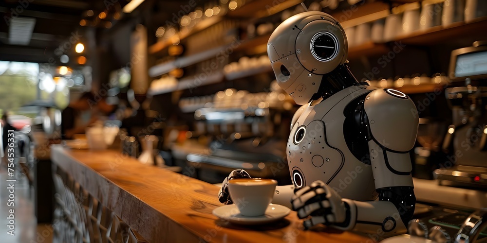 Vibrant Robot Barista Creating Latte Art. Concept Robot Barista, Latte Art, Vibrant Colors, Technology, Coffee Innovation