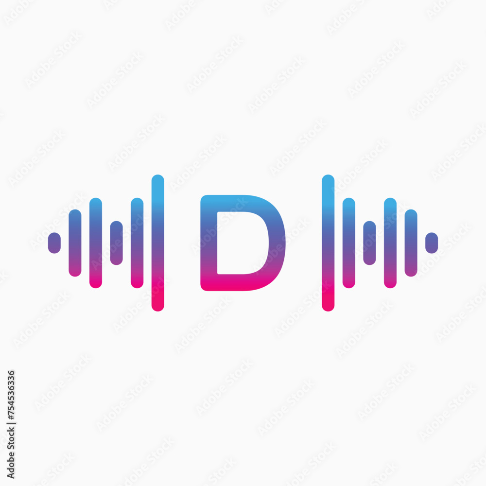 D letter with Pulse music player element. Logo template electronic music, equalizer, store, dj, nightclub, disco. Audio wave logo concept, Multimedia Technology themed, Abstract Shape vector