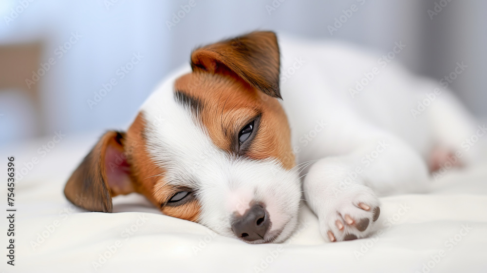 Jack russel terrier puppy sleeping on white bed.