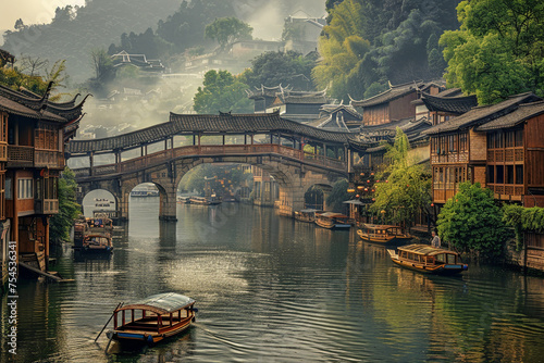 riverside town with bridges, boats on the river photo