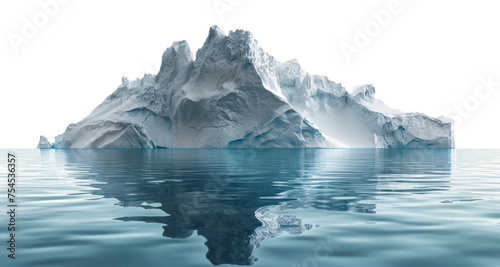 Majestic iceberg floating in calm water with reflection on transparent background - stock png.