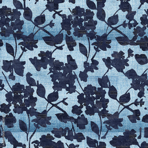Fototapeta Naklejka Na Ścianę i Meble -  Floral blue navy denim effect flax fiber natural pattern detailed woven linen grunge texture . Organic fibre weave fabric surface material effect style design
