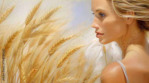 Young woman standing in a wheat field, with a dreamy look on her face. The painting is in a realistic style, with muted colors.
