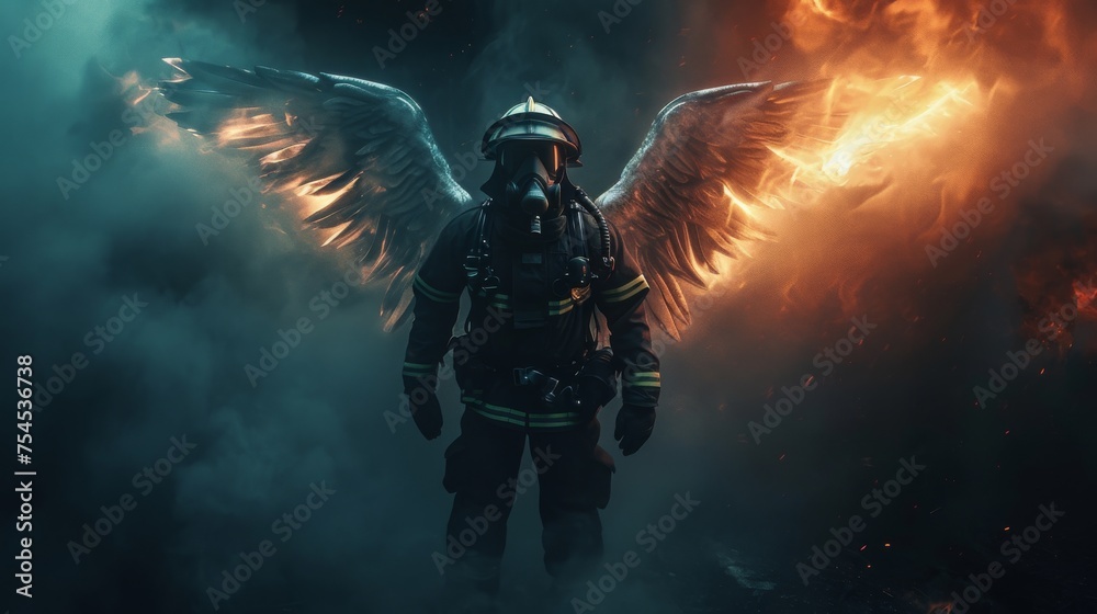 Fototapeta premium Portrait of a fireman in a dark room with fire and smoke