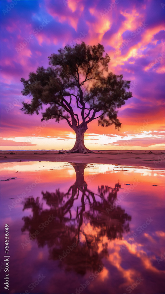 vibrant tree and water reflection at sunset with purple orange blue colors