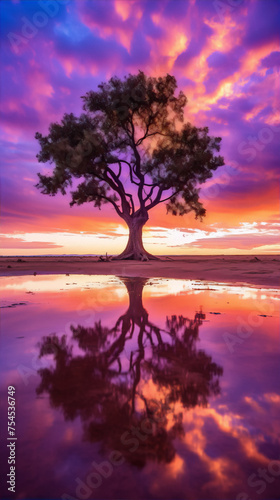vibrant tree and water reflection at sunset with purple orange blue colors