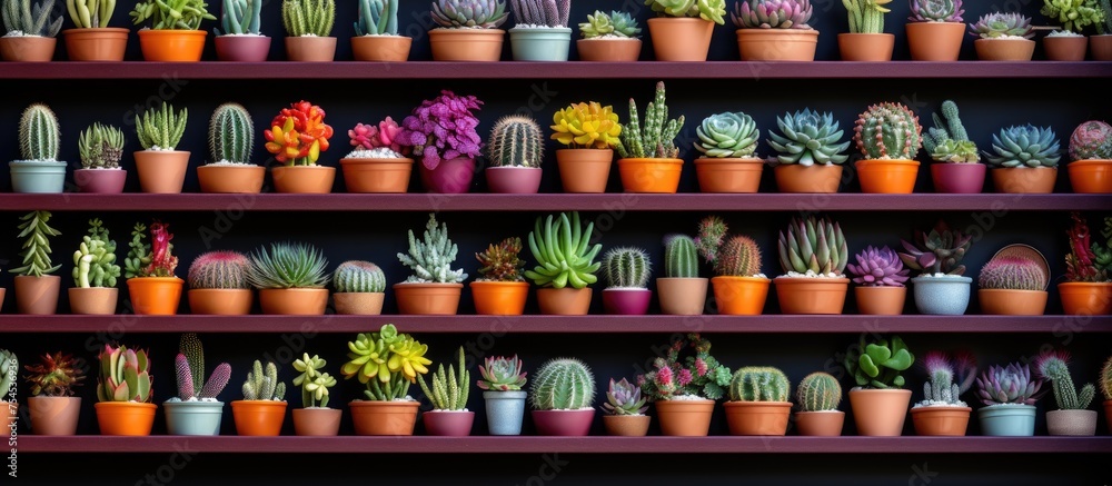 A shelf is completely filled with various types of colorful potted plants, including multicolored cacti and succulents in small pots of yellow, pink, orange, and red hues.