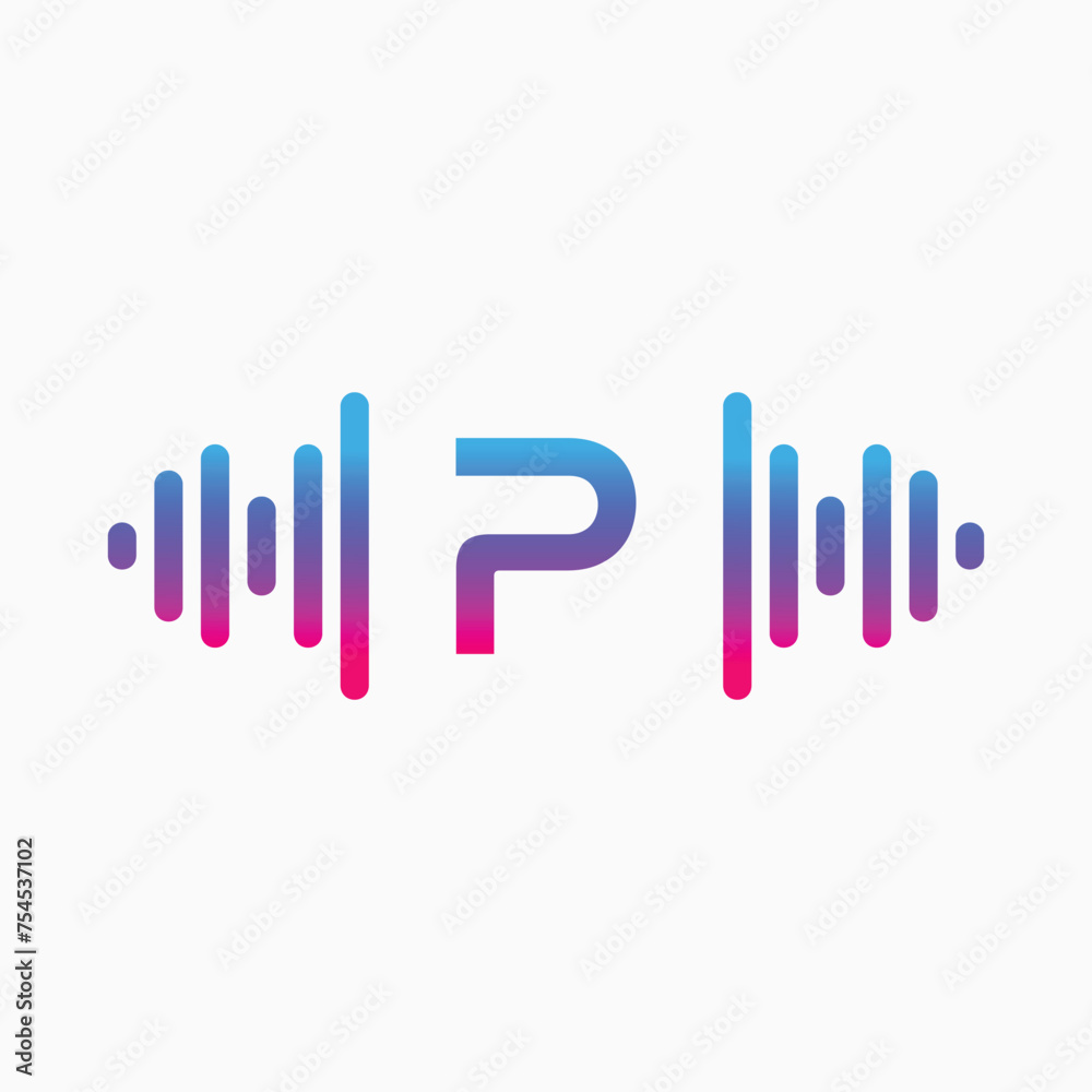 P letter with Pulse music player element. Logo template electronic music, equalizer, store, dj, nightclub, disco. Audio wave logo concept, Multimedia Technology themed, Abstract Shape vector
