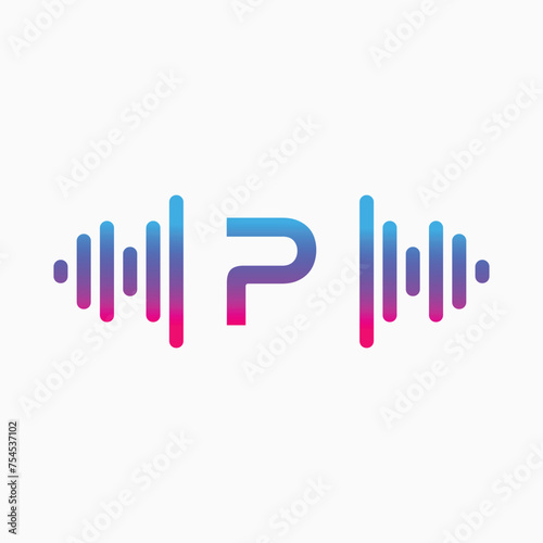 P letter with Pulse music player element. Logo template electronic music, equalizer, store, dj, nightclub, disco. Audio wave logo concept, Multimedia Technology themed, Abstract Shape vector