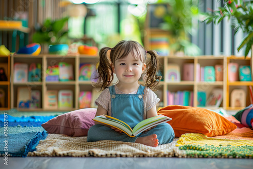 Little girl sitting on the floor in pillows with a book.