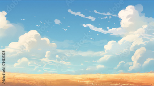 Digital painting of a golden wheat field under a blue sky with white clouds and flying birds.