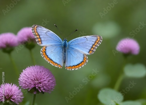 Blue butterfly with orange and black markings on its wings perched on a purple clover flower with green foliage in the background © sanart design
