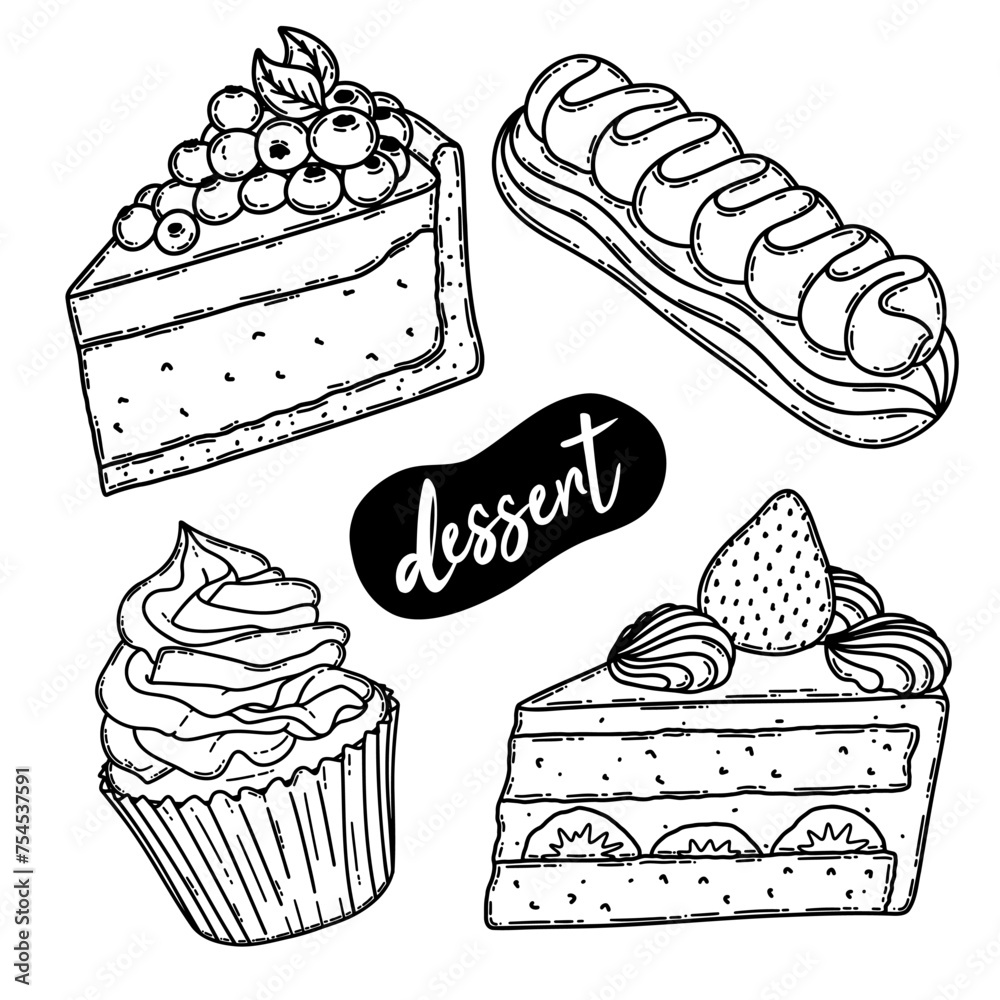Desserts and bakery products set. Eclair, cheesecake, cupcake silhouette drawing. Chocolate, oatmeal, black on white line art - obrazy, fototapety, plakaty 