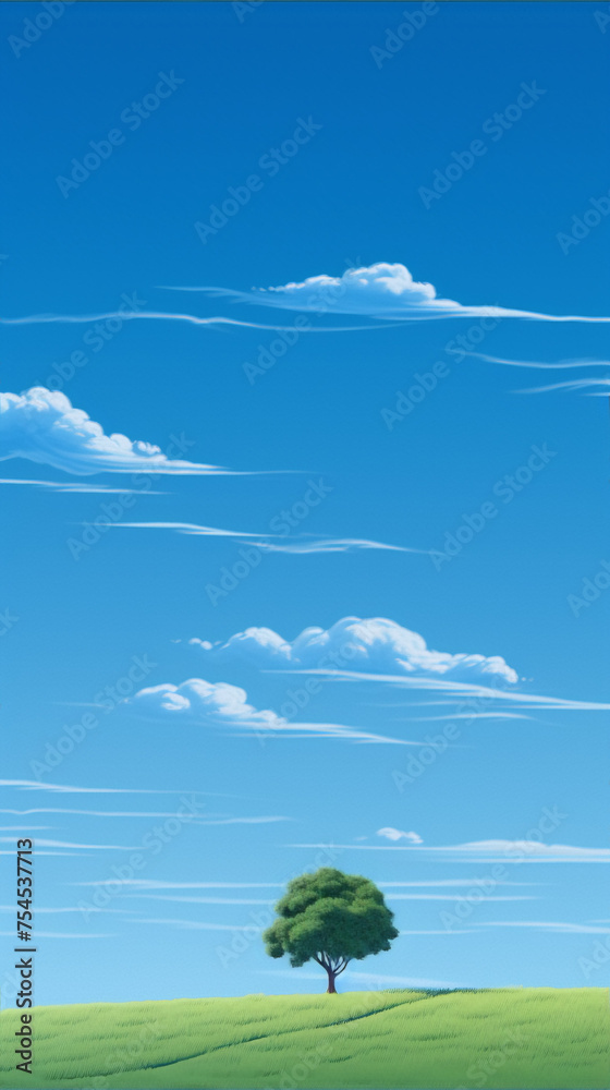 Fototapeta premium Cartoon landscape of a single tree under a blue sky with white clouds in the background.