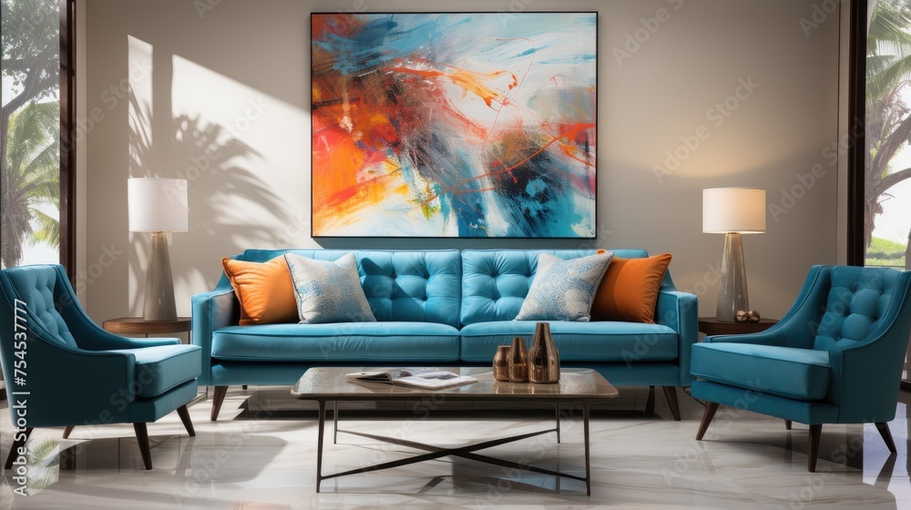 A blue couch and two chairs are in a living room with a large painting on the wall. The painting is abstract and colorful, giving the room a lively and artistic feel. The room is well-lit - obrazy, fototapety, plakaty 