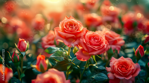 Radiant Sunset Glow on Blooming Rose Garden