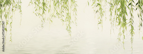 Delicate green willow branches hang over a smooth lake reflecting the pale sky in a traditional Chinese ink wash painting style.