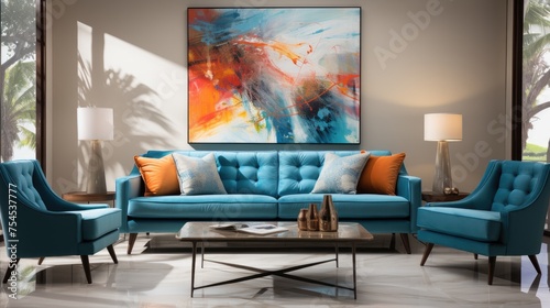 A blue couch and two chairs are in a living room with a large painting on the wall. The painting is abstract and colorful, giving the room a lively and artistic feel. The room is well-lit