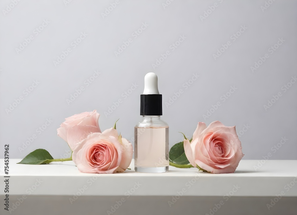 A clear glass dropper bottle with a white and black cap centered between two pink roses on a white surface against a light gray background A clear glass dropper bottle with a white and black cap centered between two pink roses on a white surface against a light gray background