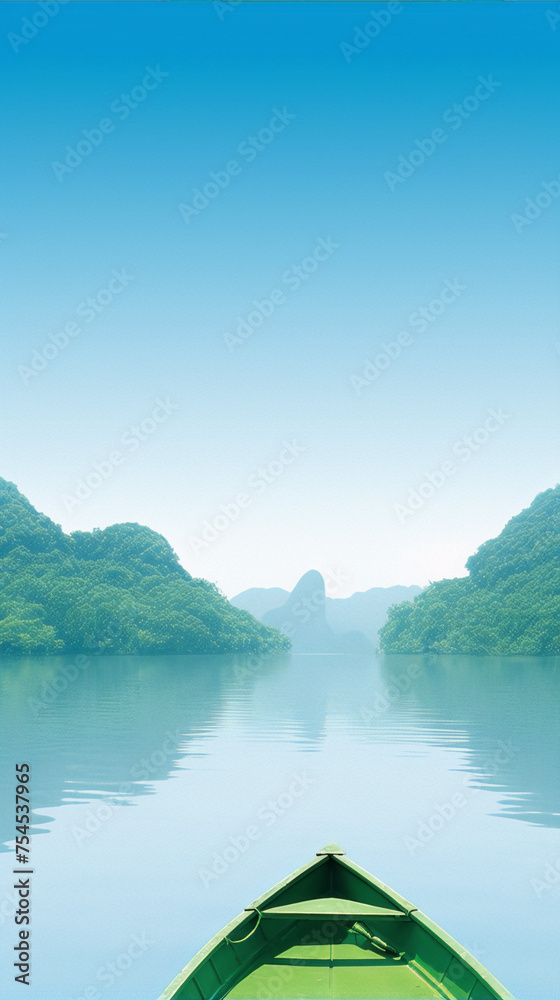 The image is of a boat on a lake with green mountains in the background. The sky is blue and the water is green. The image is in the style of realism.