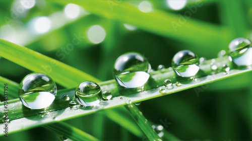 Close-up of water drops on a blade of grass, with a blurred background.