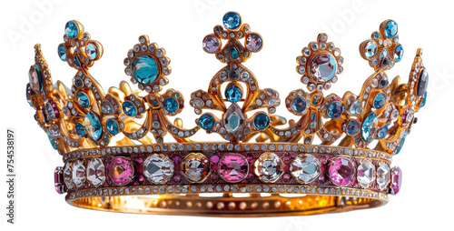 Extravagant jeweled crown with colorful gems, cut out - stock png.