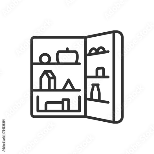 Open refrigerator with food, linear icon. Line with editable stroke
