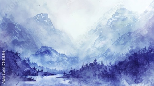 Misty landscape background with fog and mountains in watercolour style, nature poster or banner