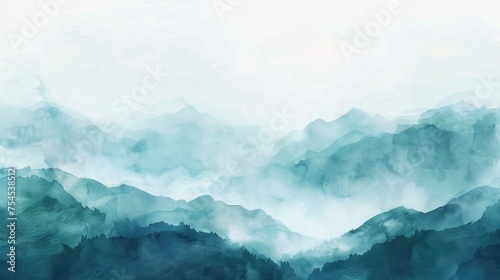 Misty landscape background with fog and mountains in watercolour style, nature poster or banner © eireenz