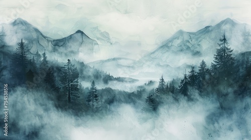 Misty landscape background with fog, mountains and fir forest in watercolour style, nature poster or banner photo
