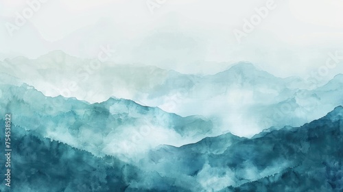 Misty landscape background with fog and mountains in watercolour style, nature poster or banner © eireenz