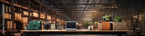 A computer monitor sits on a desk in a warehouse. The desk is surrounded by boxes and other items, giving the impression of a busy work environment photo