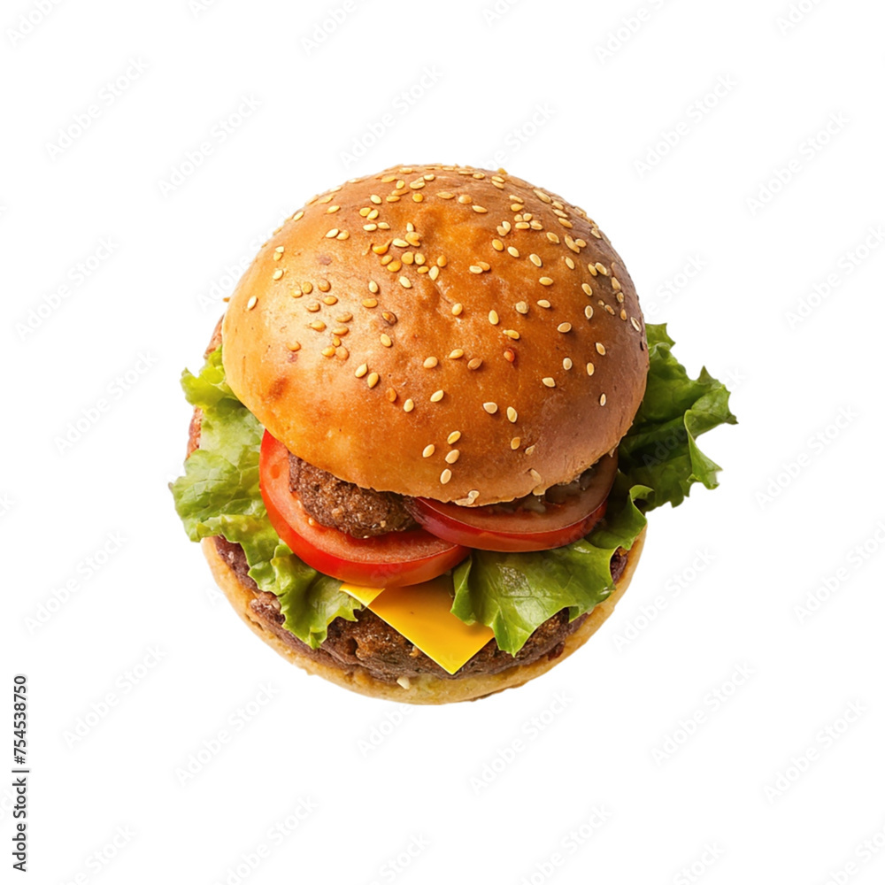 Hamburger isolated on transparent background. Cheeseburger with beef, cheese and lettuce.